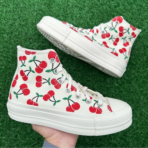 Converse Chuck Taylor All Star Lift Hi White Red And Green Cherry Print - Picture 2 of 13